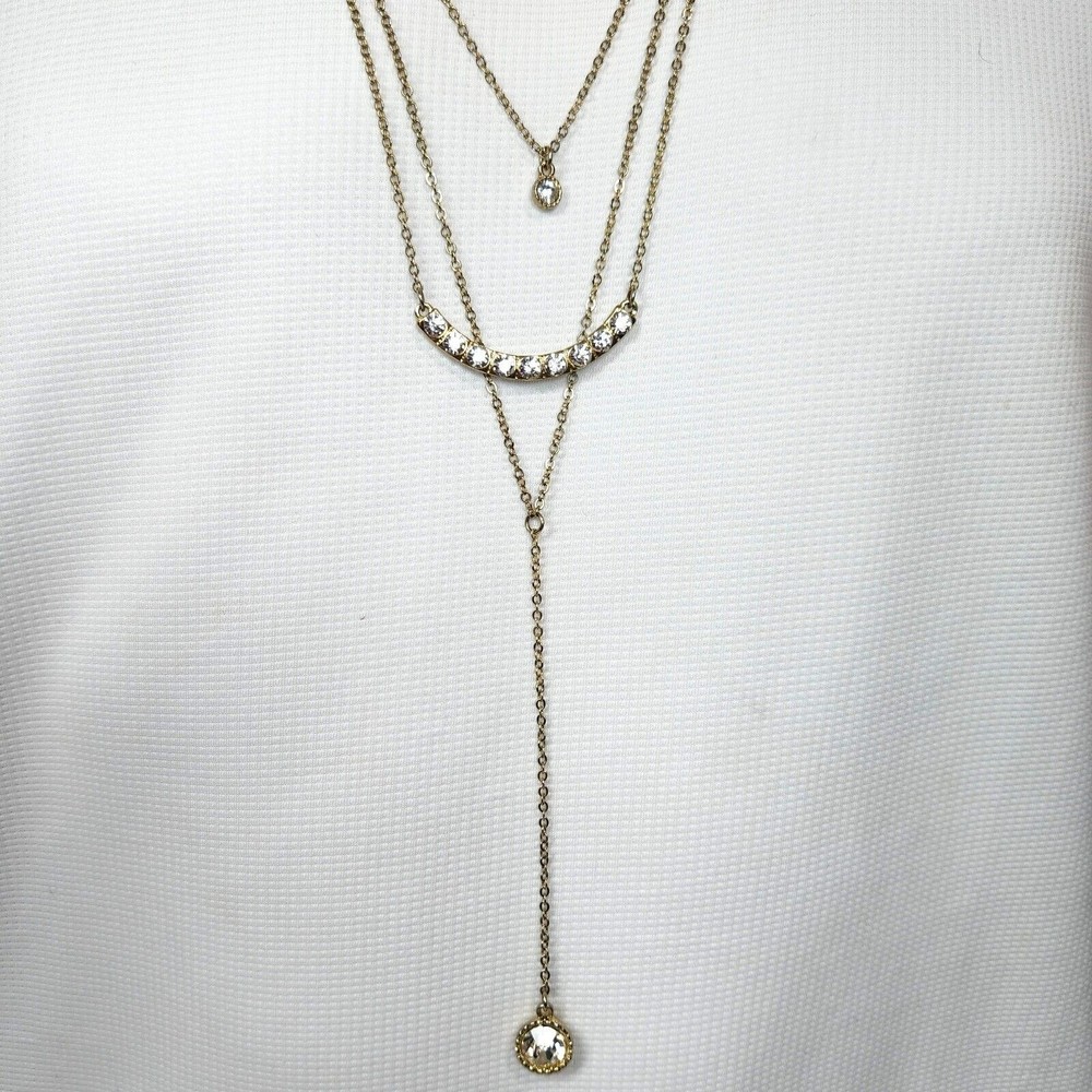 Rhinestone Necklace Layered Triple Chains Y Pendant Clear Glass Gold Tone 30 in.